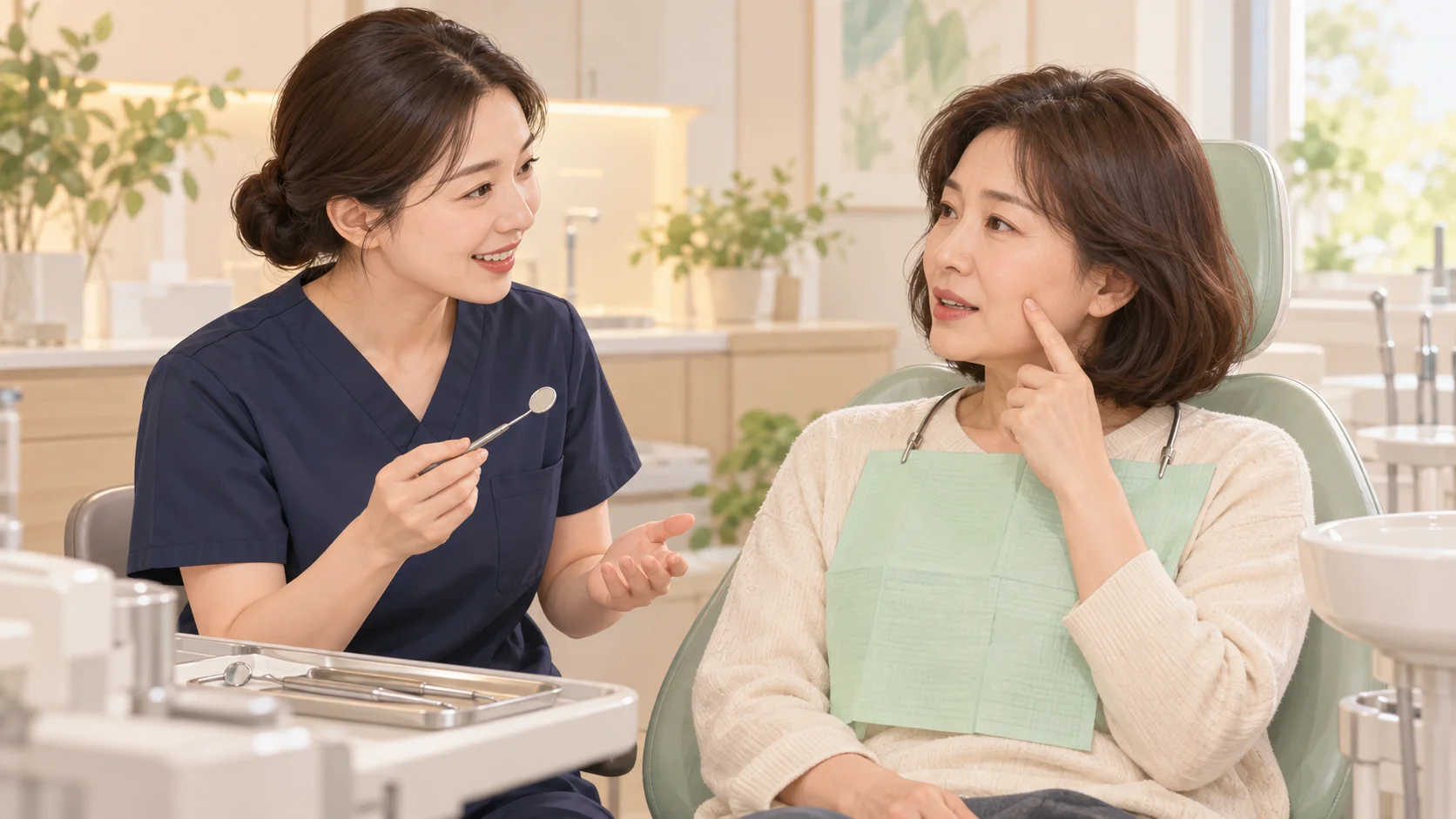 어금니의 불편한 위치를 설명하는 환자와 치과 의료진의 상담