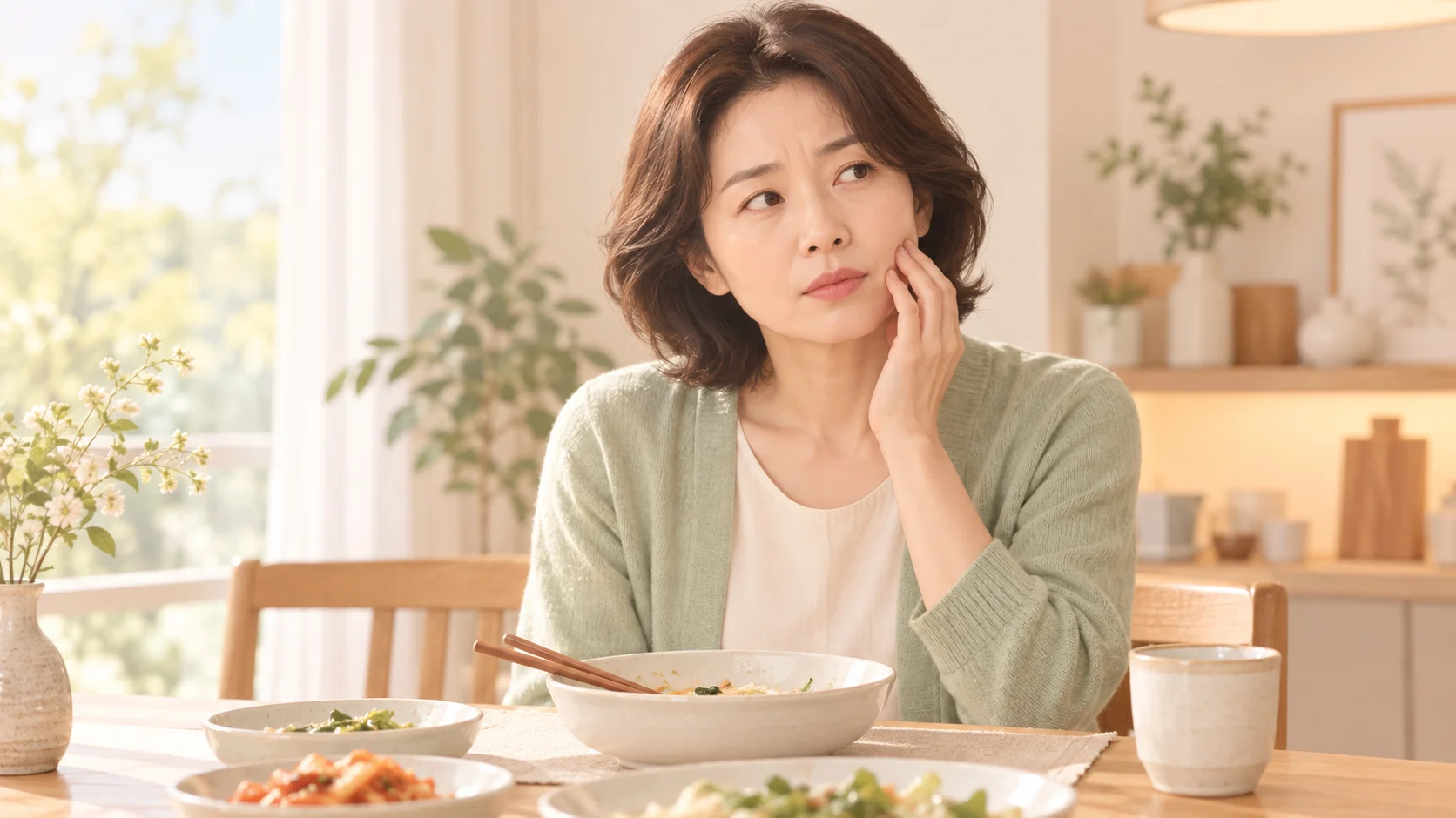 식사 후 어금니 사이의 불편함을 살피는 여성과 식탁