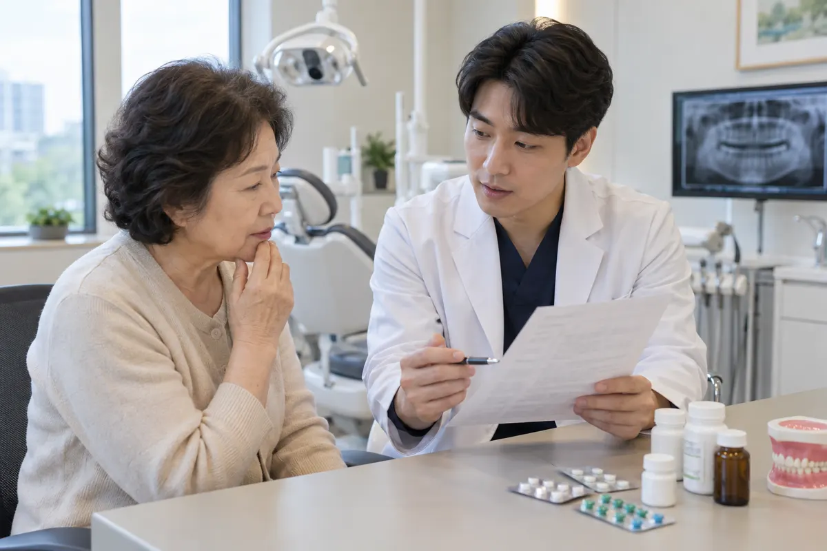 복용 약과 구강건조증의 관련성을 상담하는 고령 환자와 치과의사