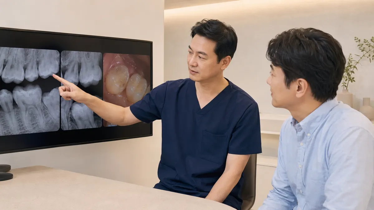 치과의사와 환자가 충치 진단을 위해 치아 방사선 사진과 구강 이미지를 함께 확인하는 모습