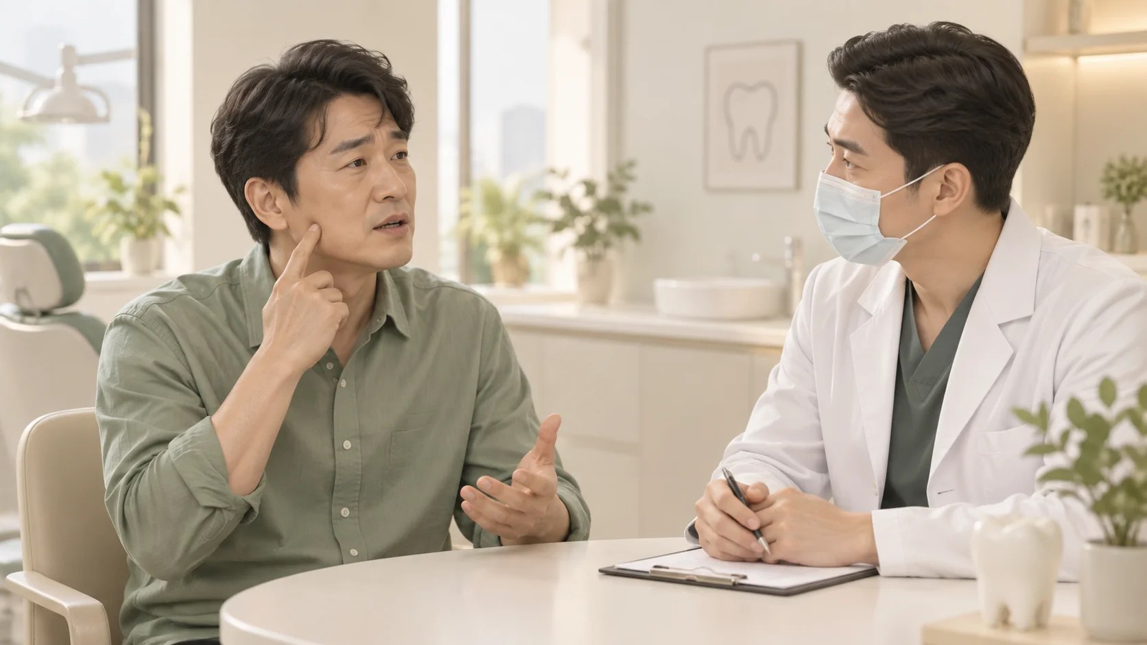 치과 상담 중 볼 옆의 불편한 위치를 설명하는 성인