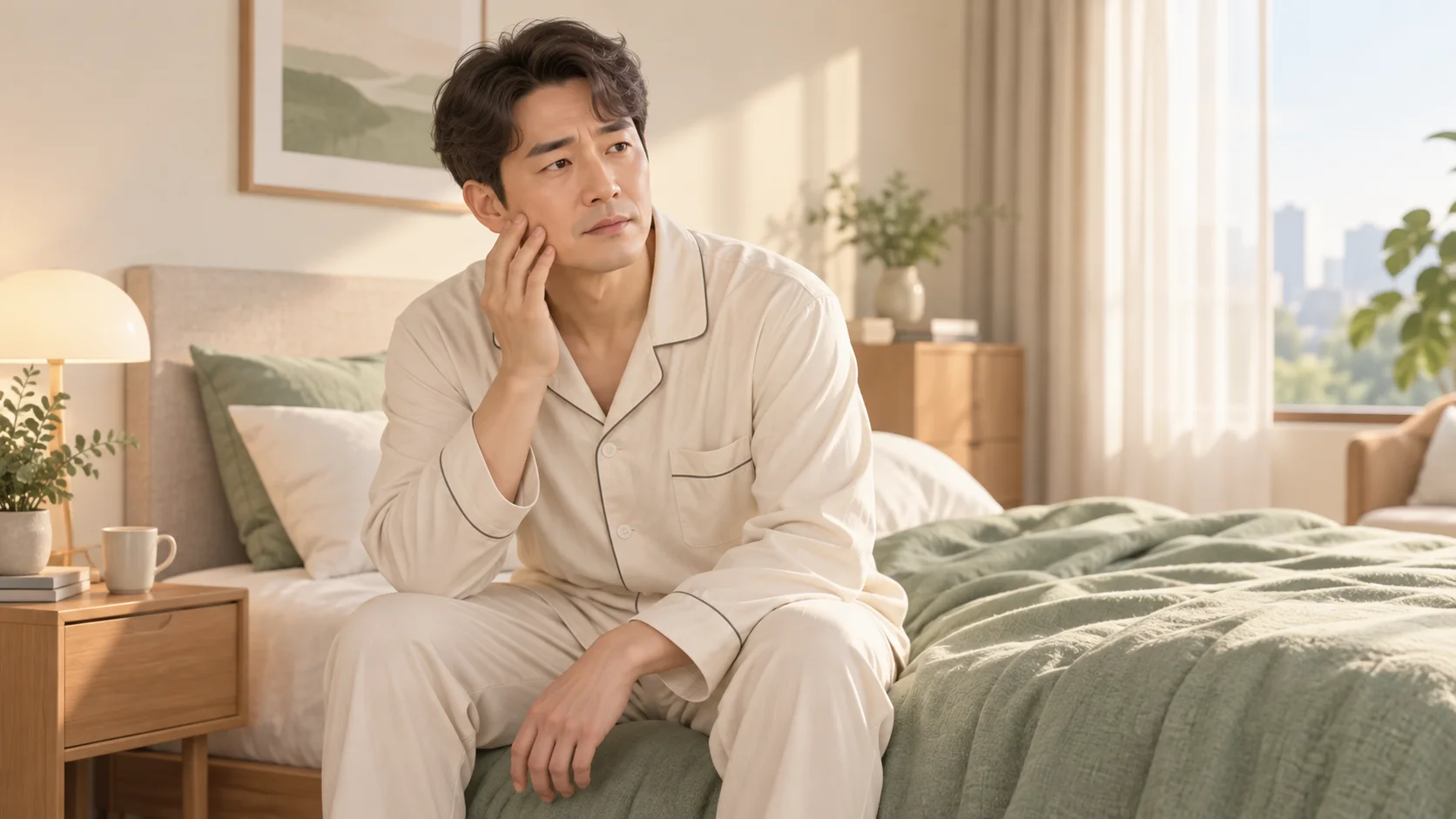 아침에 침대에 앉아 볼 옆의 뻐근한 턱 근육을 짚는 성인