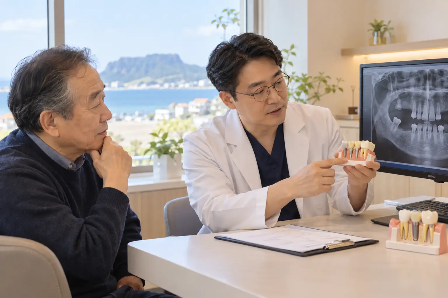 제주 서귀포 치과에서 남은 치아와 풀아치 임플란트 치료 방법을 설명하는 상담 장면