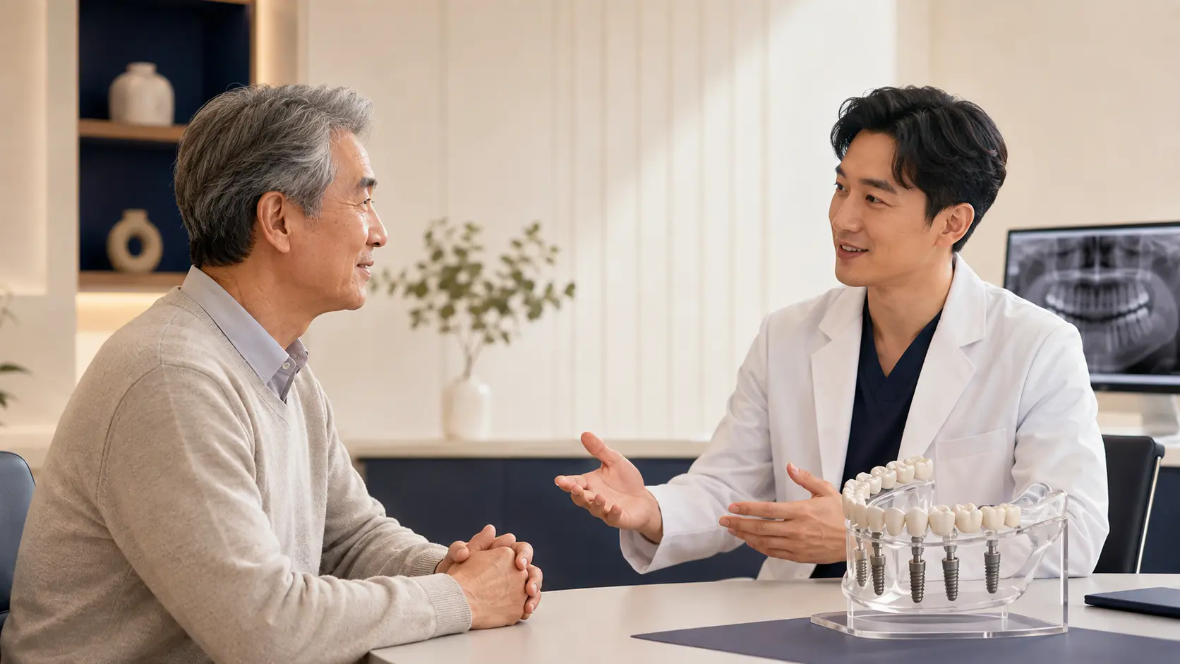 고령 환자와 전체 임플란트 치료 가능성을 상담하는 치과의사