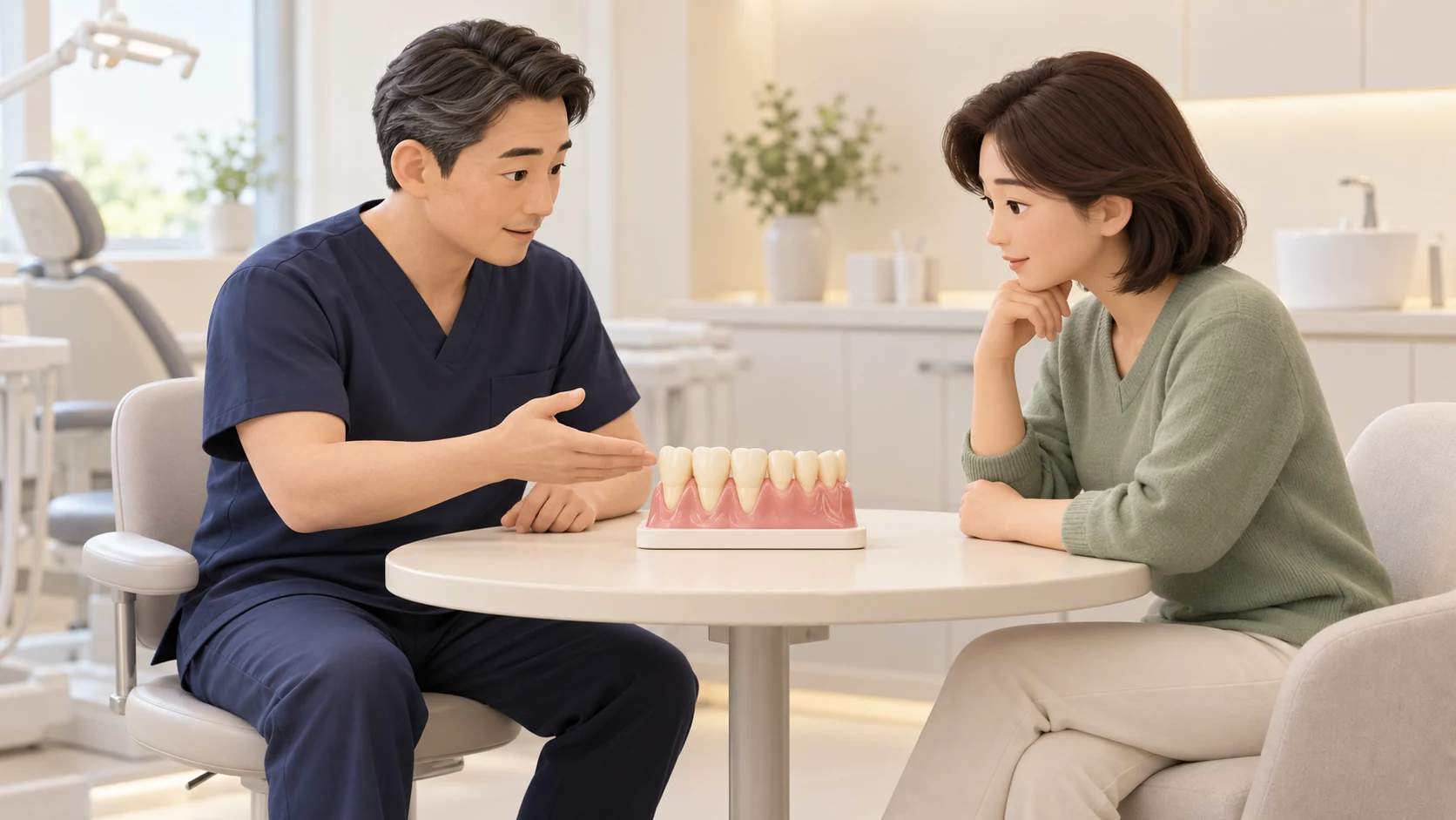 치과의사와 환자가 치아와 잇몸 모형을 함께 보며 상담하는 3D 일러스트