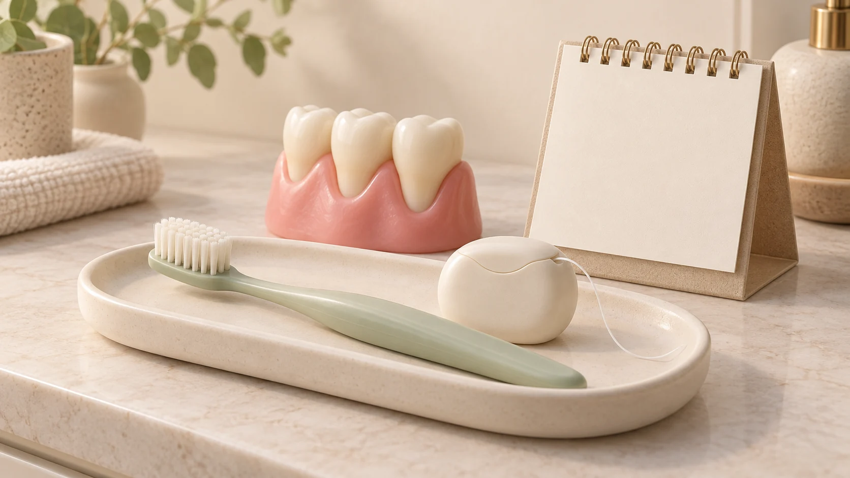 쟁반 위의 연한 녹색 칫솔과 치실, 뒤에 놓인 치아 모형과 빈 달력의 3D 일러스트