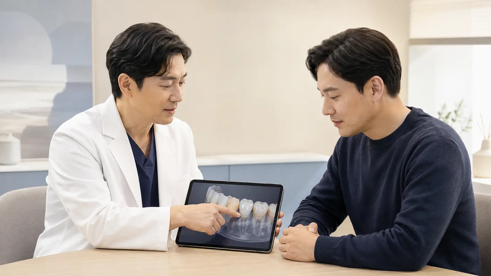 치과의사가 환자에게 디지털 치아 영상을 보며 치료계획을 설명하는 모습
