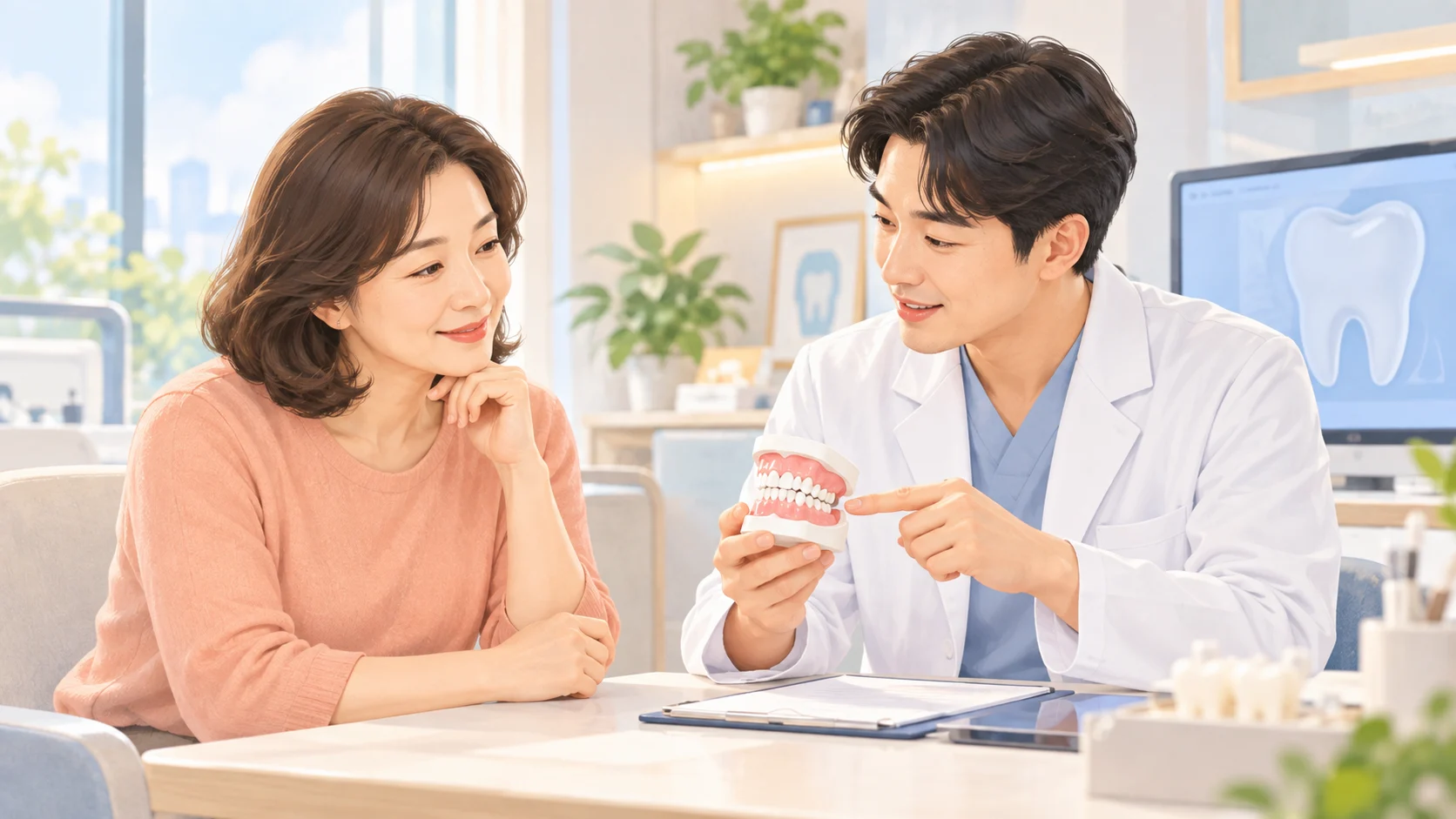 치아 모형을 보며 치료 방법을 설명받는 환자와 치과의사의 상담 장면