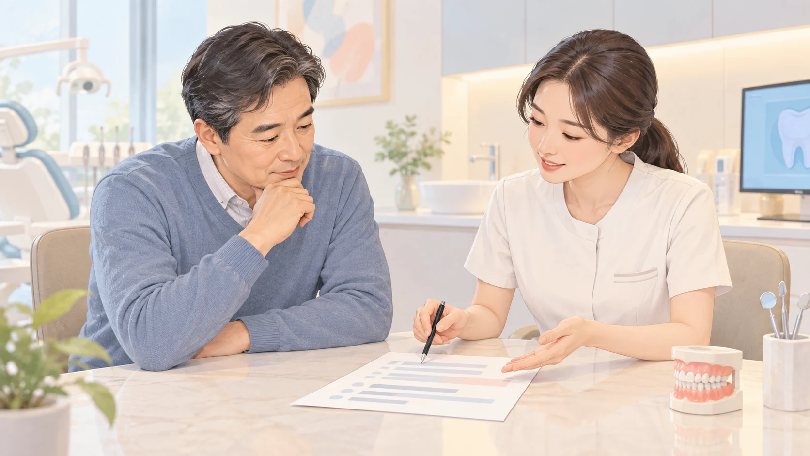 상담자가 환자에게 치료 범위와 비용 안내 내용을 설명하는 장면