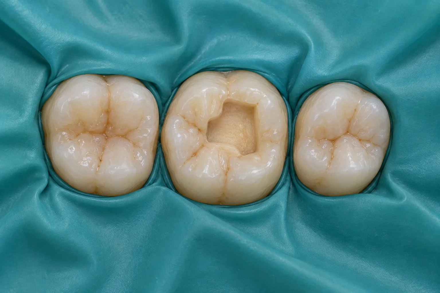 Posterior teeth isolated with a rubber dam around a prepared molar