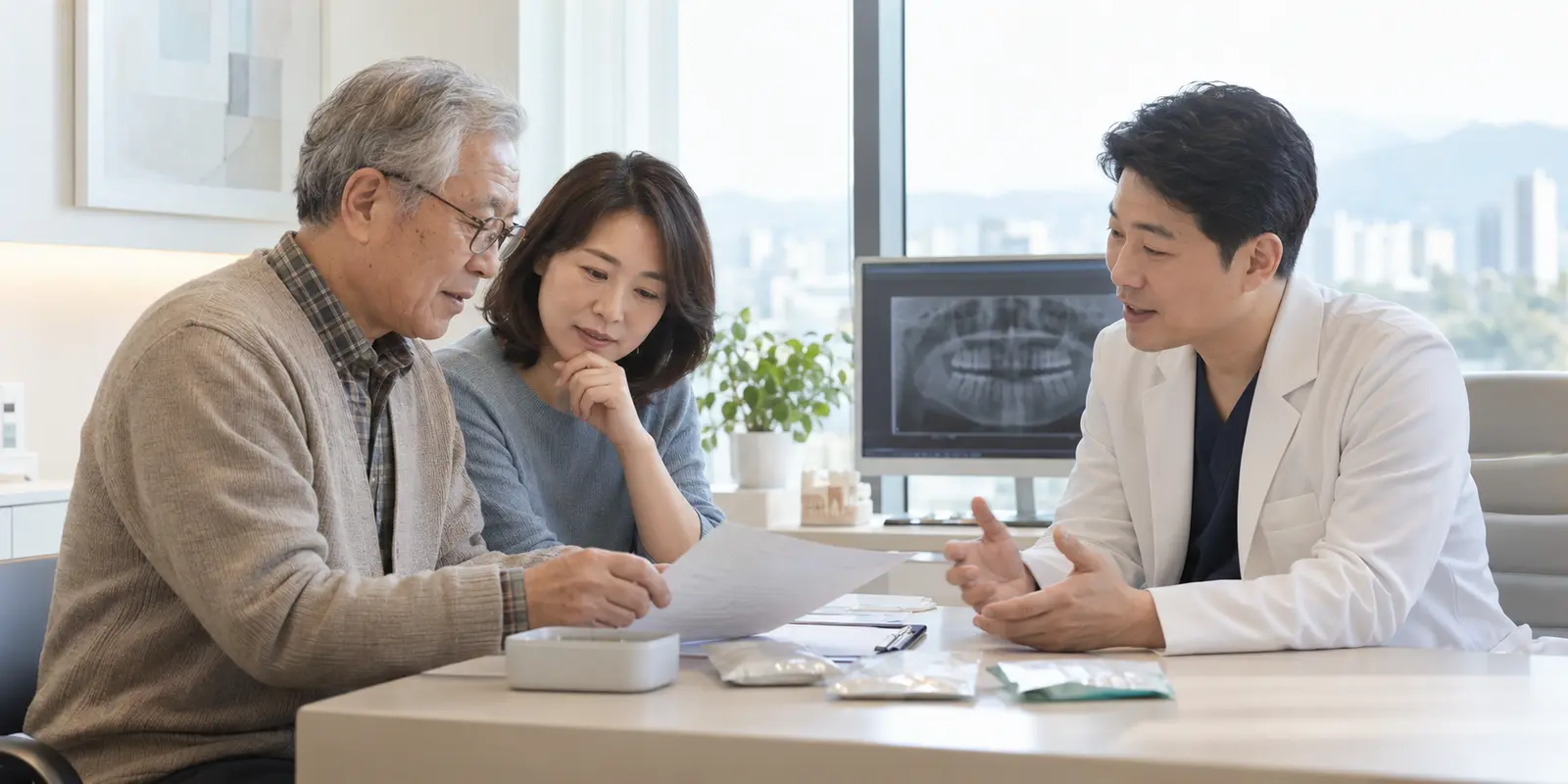 당뇨나 혈압약을 복용하는 부모님이 자녀와 함께 치과에서 임플란트 상담을 받는 모습