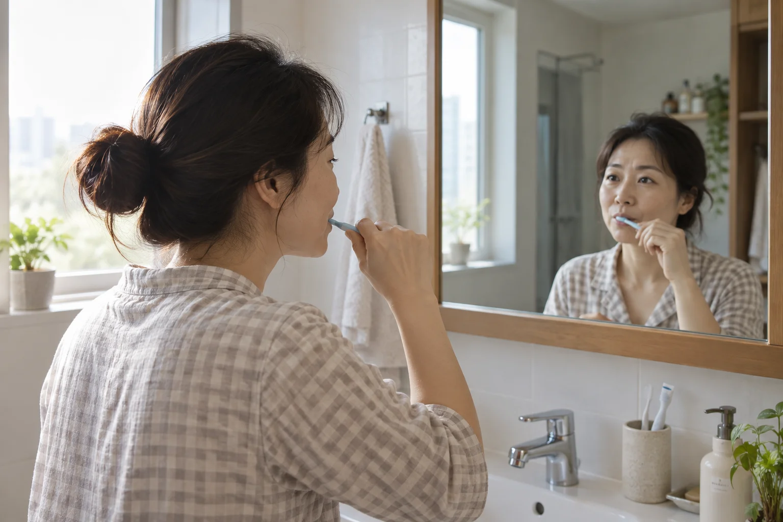 집에서 거울을 보며 부드럽게 양치하는 일상 관리 장면