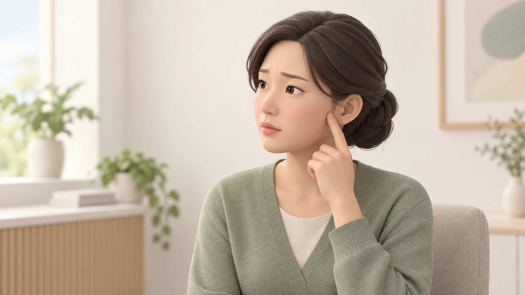 귀 앞의 불편한 턱관절 부위를 손가락으로 짚어 설명하는 성인