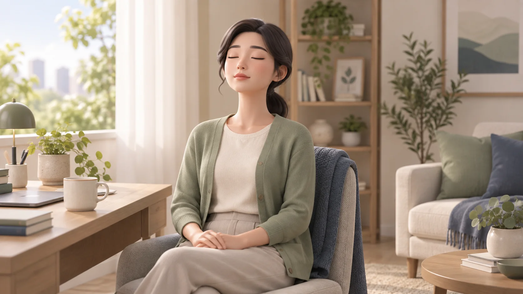 집에서 편안히 앉아 턱과 어깨의 힘을 빼고 쉬는 성인